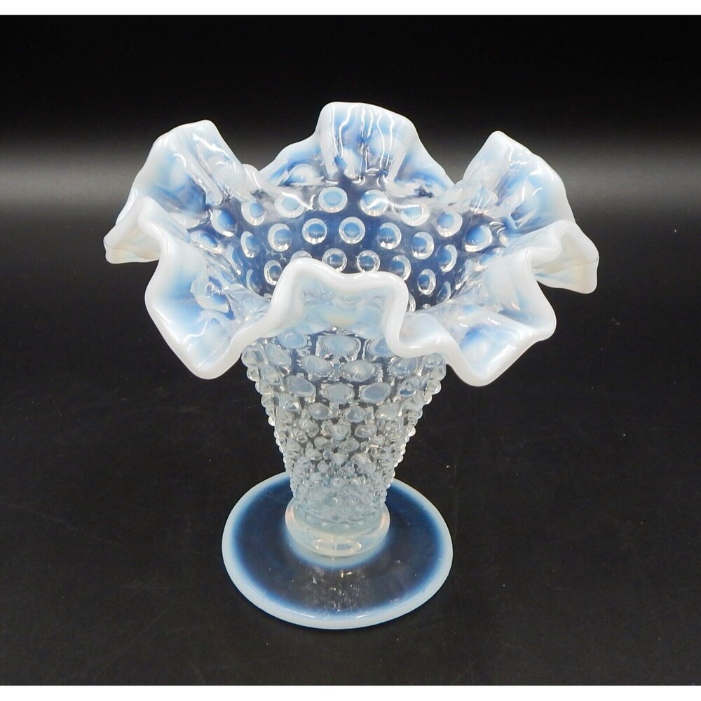 Fenton Fluted Rim Hobnail Vase Opalescent White To Clear 5 1/2" Tall Vintage